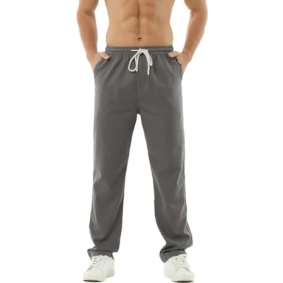 Imagen de Hoerev Pantalones de Lino Informales Verano para Hombre Estilo Playero,Gris_Oscuro,XXX Large