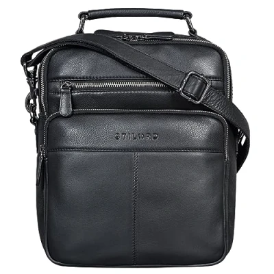 Imagen de STILORD &#039;Joe&#039; Bolso de Moda para Hombre Cuero Hombro Auténtico Estudiante Tablet Mensajero, Color:Negro