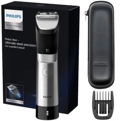 Imagen de Philips Recortadora de Barba Serie 9000 Hombre, 30 Posiciones Longitud, Sensor Power Adapt, Resistente al agua, Cuchillas Acero, Inalambrico, 120 min autonomia, Funda, BT9810/15, Plateado