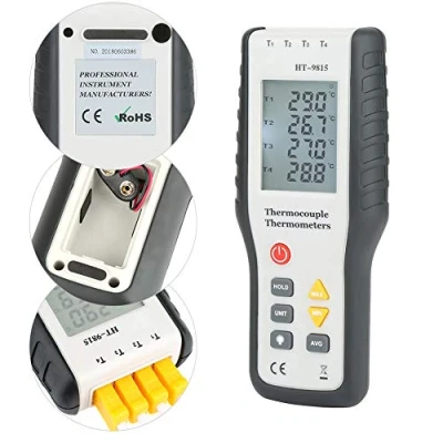 Imagen de termómetro digital, F, C, medidor de temperatura K, con sensor termopar digital tipo K 4 canales, pantalla LCD luz fondo, para temperaturas del aire y la superficie