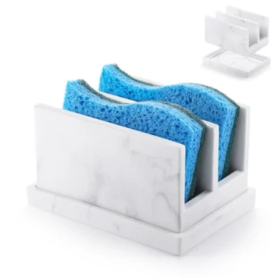 Imagen de Luxspire Porta Esponjas de Cocina para Fregadero, Resina con 2 Compartimentos, Fregadero Cocina, Bandeja Escurrir, Grava Blanca