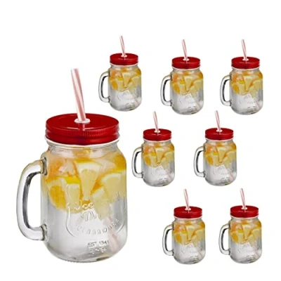 Imagen de Relaxdays Jarras con Tapa y Pajita, Set de 8 Jarritas Limonada, 500 ml, Verano, Vasos Retro Veraniegos Asa, Rojo, Hierro
