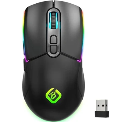 Imagen de JYCSTE Ratón inalámbrico para juegos, modo dual de 2.4 GHz/Bluetooth 5.1, retroiluminación LED RGB, mouse ergonómico con 6 botones, computadora recargable PC, Mac, portátil