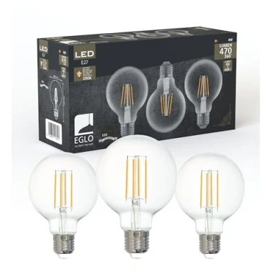 Imagen de Eglo set de 3 lámparas filamento LED con casquillo E27, bombillas vintage Edison transparentes, 4 vatios cada una, globo blanco cálido, 2700 K, 470 lúmenes, bombilla retro G80, Ø 8 cm