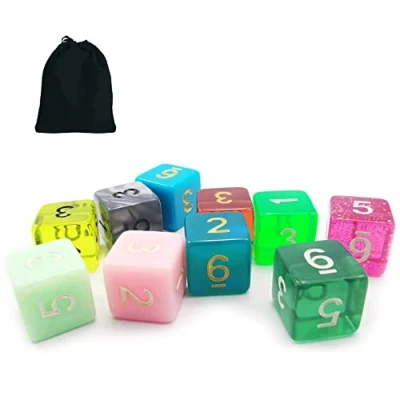 Imagen de Bescon 10pcs Set of 6 Sided Dice (Numbered 1 6), 10 Count Assorted Random Multi Effected&amp;Colored Pack D6 in Drawstring Pouch