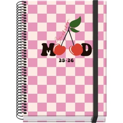 Imagen de Dohe Agenda Escolar 2025 2026 Semana Vista, Tamaño A5 (15x21 cm), Español e Inglés, Septiembre a Junio, Cierre de Espiral y Goma, Tapa Dura, 4 Páginas Pegatinas PRIME Cherry