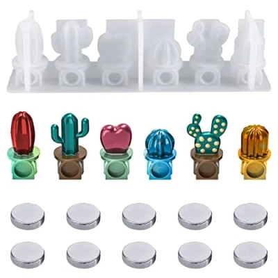 Imagen de Rolin Roly Molde de Resina epoxi Cactus Mini Plantas en Maceta moldes Silicona con 10 imanes Decorativos para refrigerador,moldes fundición Manualidades