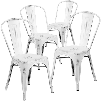 Imagen de Flash Furniture Blake Commercial Grade Silla apilable para Interiores y Exteriores, Metal Plástico, Blanco gastado, Conjunto De 4, 4 Unidades