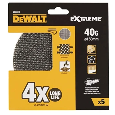 Imagen de DeWalt DTM8675 QZ Disco de lija malla 150mm, grano 40, para usar con todo tipo lijadora rotorbital, Negro Y Amarillo, Set 6 Piezas
