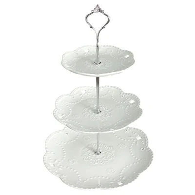 Imagen de YBK Tech Bandeja de porcelana para servir tartas, 3 niveles, color blanco Silver Rod