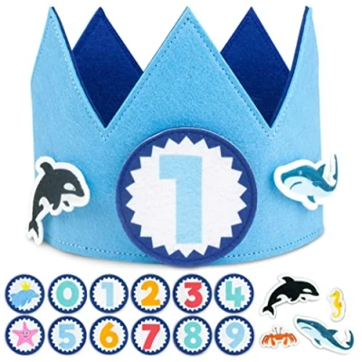 Imagen de BONNYCO Corona Cumpleaños Animales Oceano con Números Intercambiables del 0 al 9 y Figuras Tematizadas 1 Año en Adelante, Decoracion Niño Carnaval