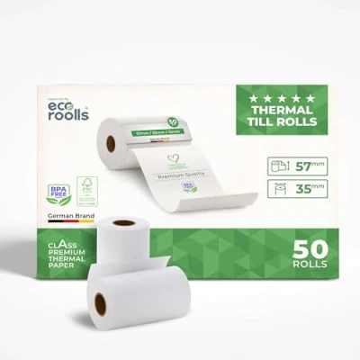 Imagen de Rollos de papel térmico 57mm x 35mm diámetro para máquinas tarjetas Crédito ideal todos los TPV 57x35x12 Sin BPA 1 cartón (50 Rollos)