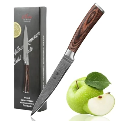Imagen de Wakoli EDIB cuchillo de damasco multiusos 12,50cm hoja muy afilada 67 capas I cocina y chef profesional auténtico acero con mango madera pakka
