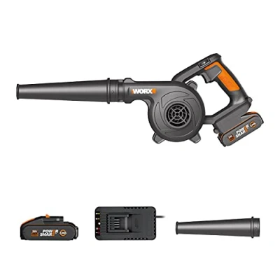 Imagen de Soplador Ligero 20V Máx. WORX PowerShare WX094 Incluye 1 batería 2Ah y Cargador 3 velocidades, ergonómico Potente Ideal para soplados de Taller Negro Naranja
