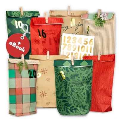 Imagen de AMARI ® Calendario de Adviento para rellenar nº 19 Christmas Morning 24 Bolsas papel (con pinzas madera) manualidades Navidad