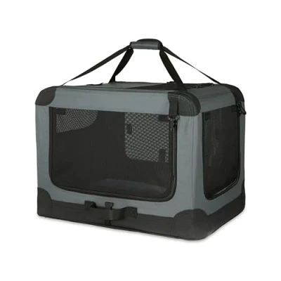 Imagen de Amazon Basics Transportín portátil plegable de 4 puertas para perros y gatos, Gris, M 76 cm x 54