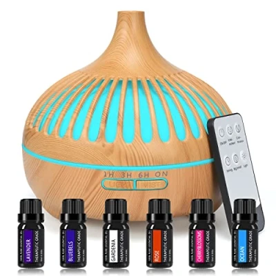 Imagen de Difusor Aceites Esenciales,550ML Humificador de Aromas Ultrasonico con 6 x10ml Esenciales,Silencioso Humidificador Esenciales Mando a Distancia,Timer,7 Color LED,para Hogar, SPA