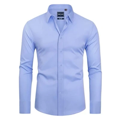 Imagen de DEMEANOR camisa de manga larga para hombre, negocios corte ajustado, sin planchado, informal azul, S