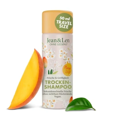 Imagen de Jean &amp; Len mini champú seco frescor y agarre, sin raíces grasas, residuos blancos, fragancia afrutada de mango, para todo tipo cabellos, tamaño viaje, parabenos ni siliconas, vegano, 50 ml