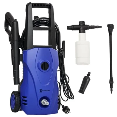 Imagen de DURHAND Hidrolimpiadora Lavadora de Alta Presión 1600W Caudal 432 L/h Bomba Aluminio 135 Bar Manguera 6 m Incluye Botella Jabón Boquilla Cepillo 35x28x65 cm Azul