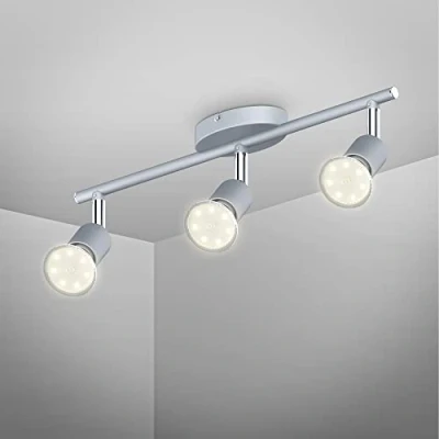 Imagen de B.K.Licht Lámpara de techo con 3 focos LED GU10, ajustables y giratorios para interiores, luz blanca cálida, 3W 250 lúmenes, 3000K, forma recta en barra, color plata