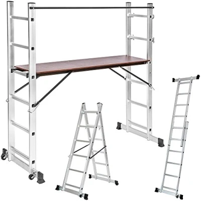 Imagen de tectake® Escalera Plegable Aluminio, Telescópica Multiusos 4 en 1: Extensible, de Tijera, Andamio Simple, Para Desniveles, con Ruedas, Estable, Carga Max. 150 kg