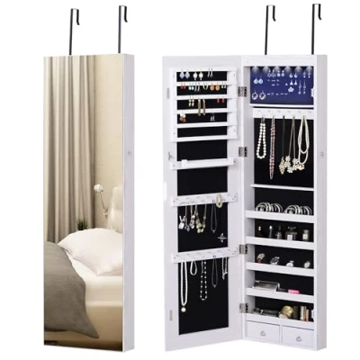 Imagen de HOMCOM Espejo Joyero Colgante de Pared o Puerta con LED 5 Estantes 2 Cajones Pequeños Armario Montado Cerradura 37x120x10cm