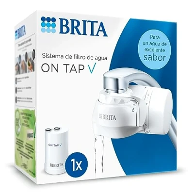Imagen de BRITA ON TAP V Sistema de filtro agua, incluye 1 cartucho: agua sostenible y buen sabor directo del grifo, reduce micropartículas, PFAS, metales sustancias que afectan el sabor.