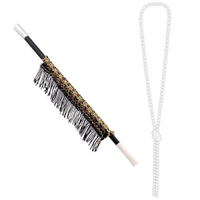 Imagen de Boland 64345 Juego de collar y punta cigarrillo 31 cm, para adultos, perlas, soporte cigarrillos con flecos, accesorios, flapper, carnaval, fiesta temática