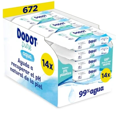 Imagen de Dodot Toallitas Pure Aqua Para Bebé, 0% plástico 14 Paquetes De 48 Unidades = 672 Toallitas, Elaboradas Con 99% Agua Una Limpieza Delicada