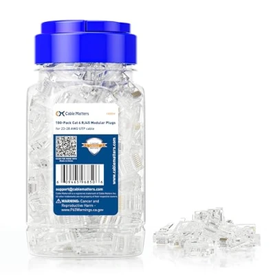 Imagen de Cable Matters Paquete de 100 Unidades Conectores RJ45 (modulares RJ45, Conector Cat 6) para sólido o Stranded par Trenzado sin blindaje