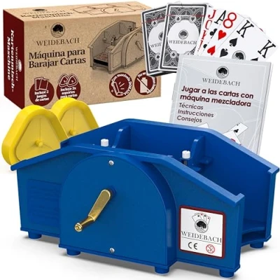 Imagen de Weidebach Mezclador de Cartas Azules manivela Dorada para Todos los Juegos estándar, con 2 Barajas y Repuesto, Dispositivo Mezcla
