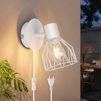 Imagen de Kimjo Aplique pared Interior Apliques Dormitorio con Enchufe e Interruptor Lampara Blanco Candeeiro parede E14 Mesita de Noche Cable Luz Sin Bombilla