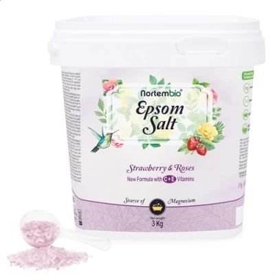 Imagen de Nortembio Sal de Epsom 3 Kg. Fragancia Fresa y Rosas. Baño Hidratada con Vitamina C E. Relajación Músculos, Aromaterapia Buen Sueño. E Book Incluido.