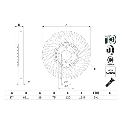 Imagen de BOSCH 0 986 479 E63 disco de freno 374 36 5 120 dos piezas, ventilado revestido altamente carbonizado con tornillos BMW: 7, GT