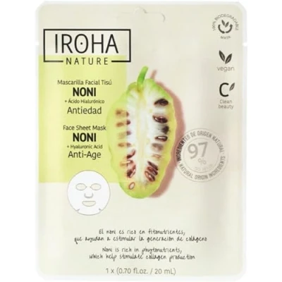 Imagen de Iroha Nature Mascarilla Facial Antiedad con Noni y Ácido Hialurónico Nutrición Regeneración 97% Ingredientes Naturales Hidratante Vegana 100% Biodegradable