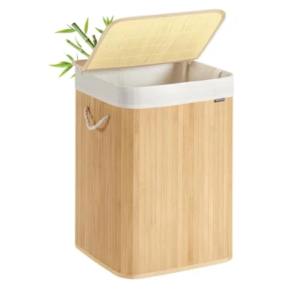 Imagen de SONGMICS Cesto Ropa Sucia, 95 L, Cesta Colada, con Tapa, Bambú, Asas, Plegable, Bolsa Interior Extraíble y Lavable a Máquina, para Lavandería, Dormitorio, Natural LCB0060Y01
