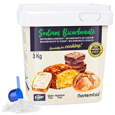 Imagen de Nortembio Bicarbonato de Sodio Alimenticio 3 Kg. Ecológico para Cocina y Repostería. Sódico Sin Aluminio Lavar Frutas Verduras. E Book con Recetas Incluido.
