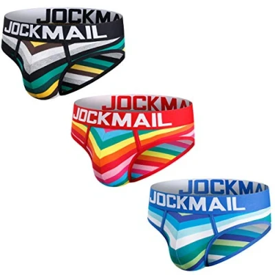 Imagen de JOCKMAIL Paquete de 3 calzoncillos algodón para hombre, ropa interior rayas arcoíris cómoda, Negro+rojo+azul, XL