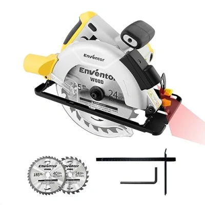 Imagen de ENVENTOR Sierra Circular 1200W con Guía Láser, de Mano para Cortar Madera, 2 Hojas 185mm(24T&amp;40T), 5800RPM, Corte Máximo:62mm(90) y 42mm(45), Motor Cobre Puro