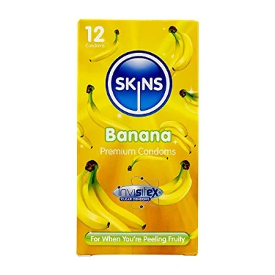 Imagen de Skins Sexual Health Condones con sabor a plátano. Sin olor látex y lubricación adicional para máxima comodidad placer. Sensación delgada segura (Incoloro, 12 Unidades (Paquete de 1))