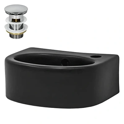 Imagen de ML Design Lavabo de Cerámica Negro Mate 33,5x25,5x13cm Fregadero con Juego Desagüe Cromado Ovalado para Pared o Sobre Encimera Diseño Moderno Lavamanos Baño Rebosadero y Agujero Grifo
