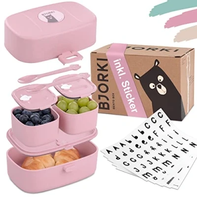 Imagen de BJORKI® Caja Bento para niños, incluye adhesivo nombre, fiambrera a prueba de fugas, con compartimentos, sostenible infantil jardín infantes y escuela, lonchera viajes