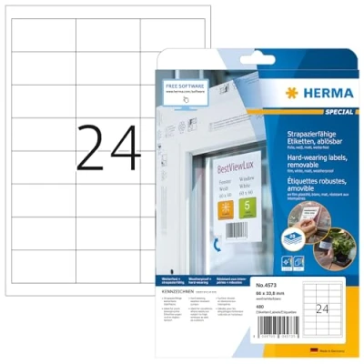 Imagen de HERMA 4573 Etiquetas de papel aluminio resistentes a la intemperie, extraíbles, 20 hojas, 66 x 33,8 mm, 24 hojas por A4, 480 unidades, autoadhesivas, imprimibles, mate, en blanco, blanco