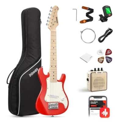 Imagen de Donner Kit de guitarra eléctrica junior 30 pulgadas para principiantes, estilo ST, paquete premium con amplificador, sintonizador, capo, bolsa, correa, cuerda, cable (DSJ 100, rojo)