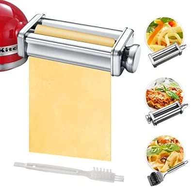 Imagen de Juego de accesorios para hacer pasta batidoras KitchenAid, incluye rodillo celosía fideos, cortador espaguetis, y cepillo limpieza