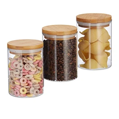 Imagen de Relaxdays Envases para Alimentos, Set de recipientes, 600 ml, 14x9,5 cm, Redondos, Tapa bambú, 3 Uds