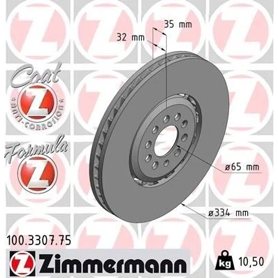 Imagen de ZIMMERMANN FORMULA Z COAT 100.3307.75 disco de freno 334 32 10/5 5 100 ventilado, dos piezas revestido aleado/alt. carburado