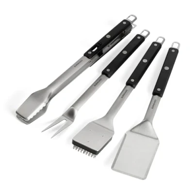 Imagen de BURNHARD Juego de Utensilios para Parrilla Acero Inoxidable, 4 Piezas (Pinzas, Cepillo, espátula y Tenedor), Set Barbacoa con utensilio darle la Vuelta a Comida