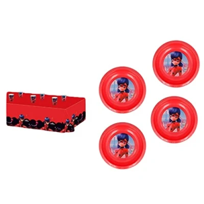 Imagen de ALMACENESADAN, 4897, pack Lady bug, miraculous compuesto por mantel superpilotos 120x180 cm, 4 cuencos reutilizables, ideal para fiestas y cumpleaños. (8435510348977)